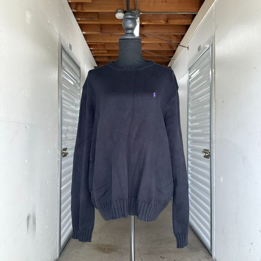 Vintage XL Polo Ralph Lauren Blue Tag Black Cotton Crewneck Sweater Purple Pony